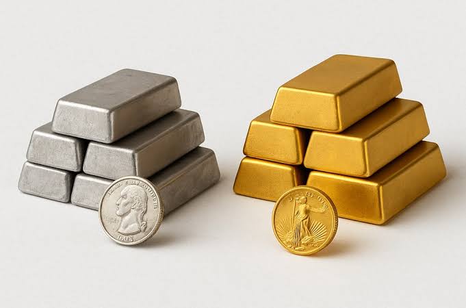 Gold and silver bars with gold and silver coins