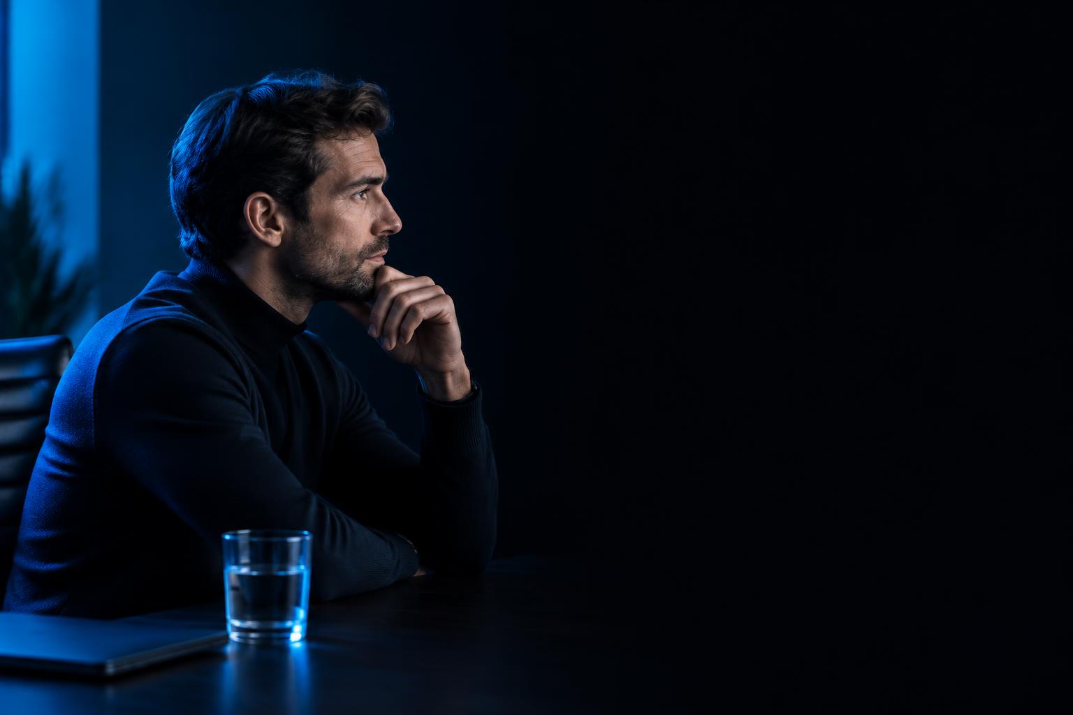 Illustrative trader studying in a blue-lit studio