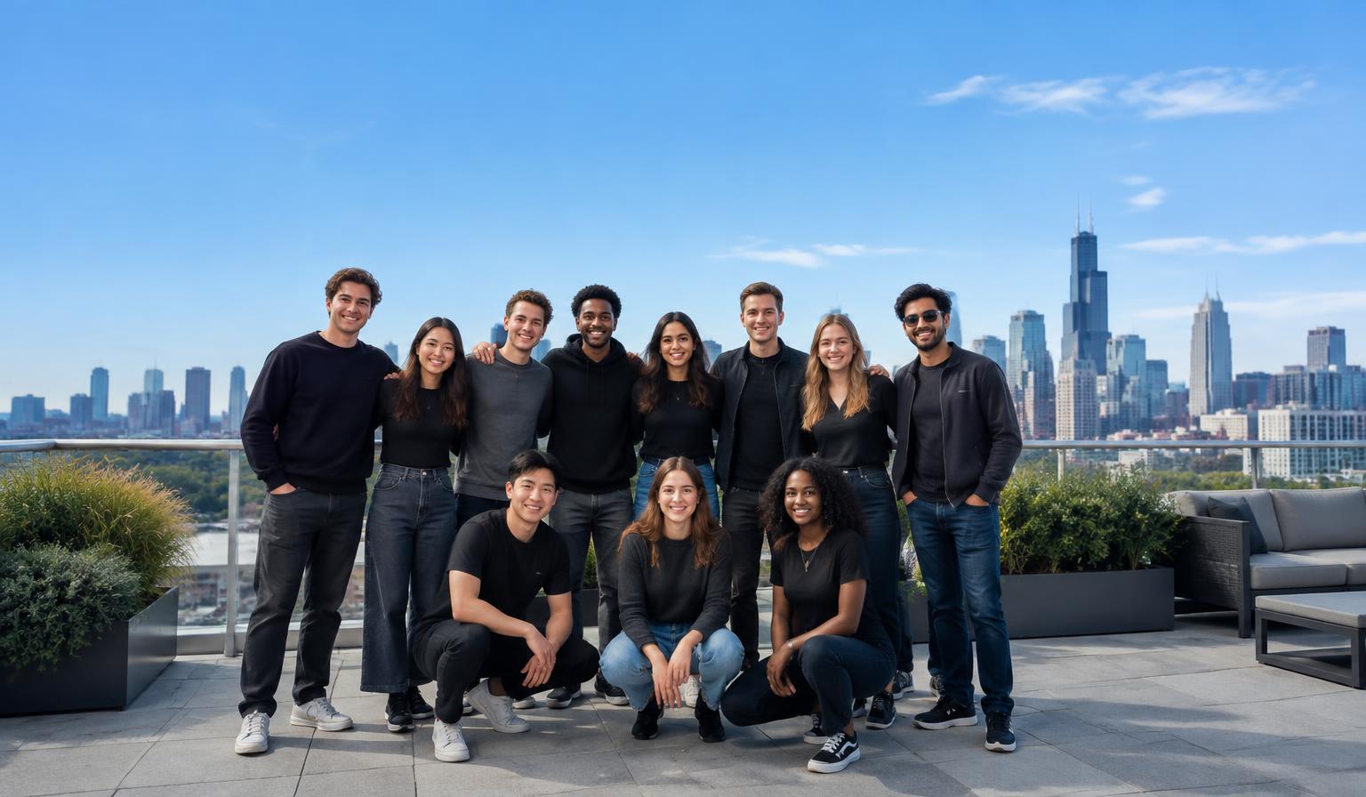 Illustrative group of traders together on a rooftop