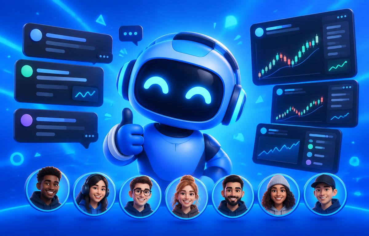 Illustrative trading community with chat panels and avatars