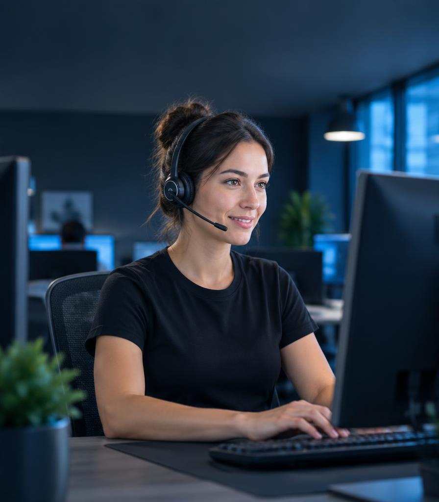 Illustrative customer help specialist at a workstation