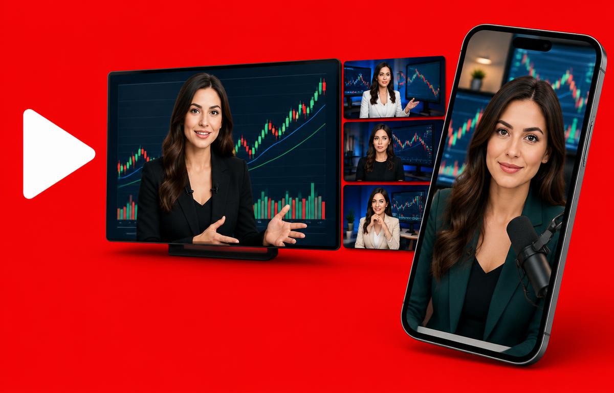 Illustrative trading video presenters on screens and a phone